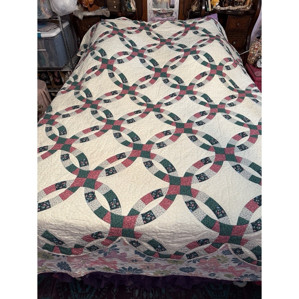 Vintage 1930s Handmade Double Wedding Ring Quilt Hearts Reversible 93" x 87" EUC